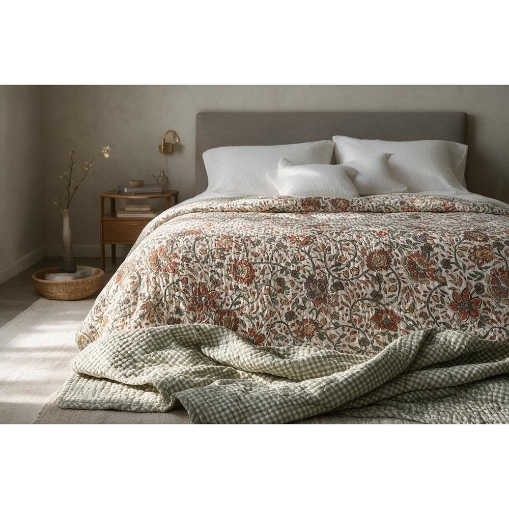 Garnet Hill Floral Gingham Reversible Quilt Sage Queen Hand Stitched Kantha